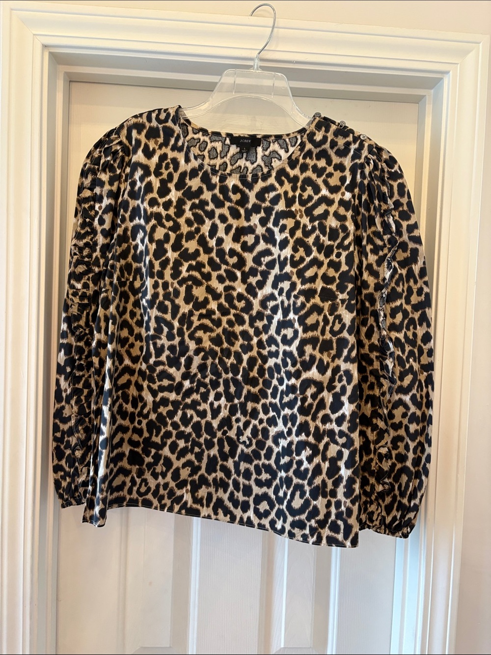 J.Crew Leopard Print Ruffle Sleeve Blouse Womens Large Top Animal Print